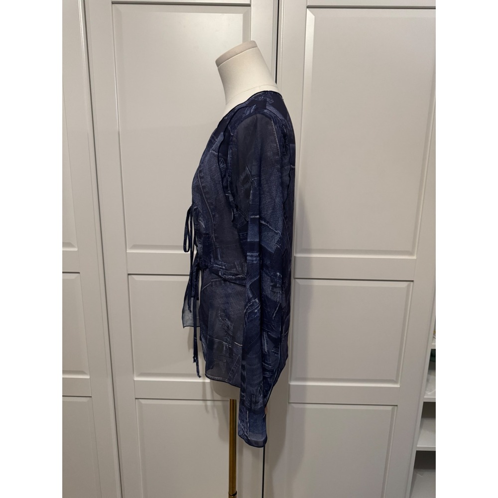 Frankies Bikinis Molly Long Sleeve Shirt in Blue Jean Print Mesh Tie Front Top S - Picture 5 of 9